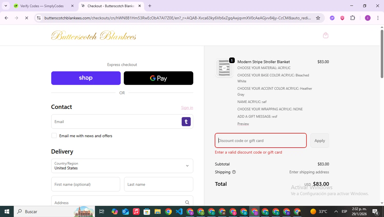 Butterscotch Blankees promo code screenshot showing code VIP30NOW applied at Butterscotch Blankees checkout page. Uploaded by SimplyCodes community member RebateAce6764 on Jan 29, 2026