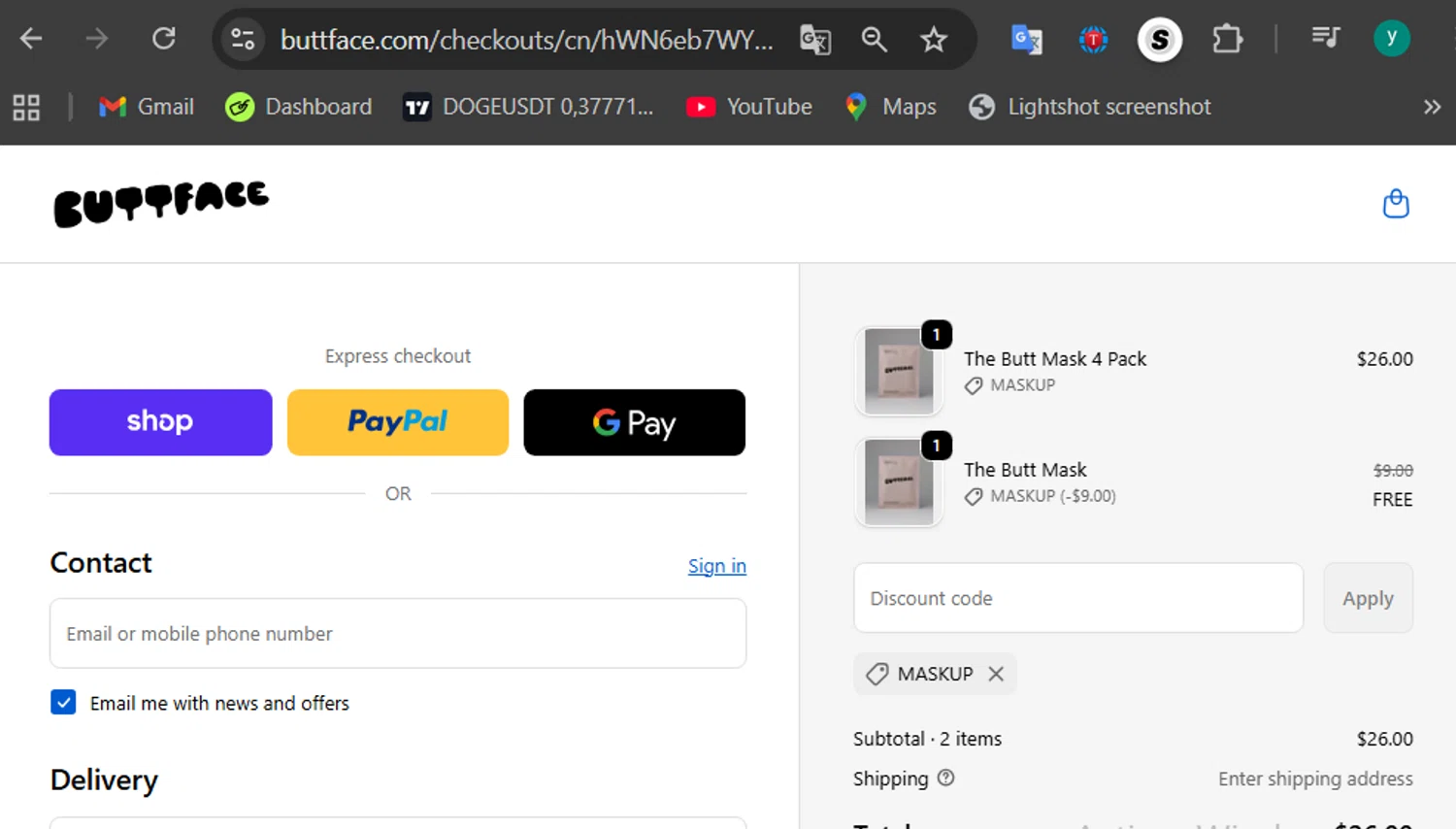 Buttface Skincare promo code screenshot showing code MaskUP applied at Buttface Skincare checkout page. Uploaded by SimplyCodes community member 502312 on Dec 20, 2025
