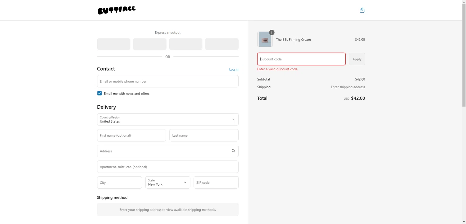 Buttface Skincare promo code screenshot showing code LOOSE applied at Buttface Skincare checkout page. Uploaded by SimplyCodes community member ValiantAce1810 on May 11, 2025