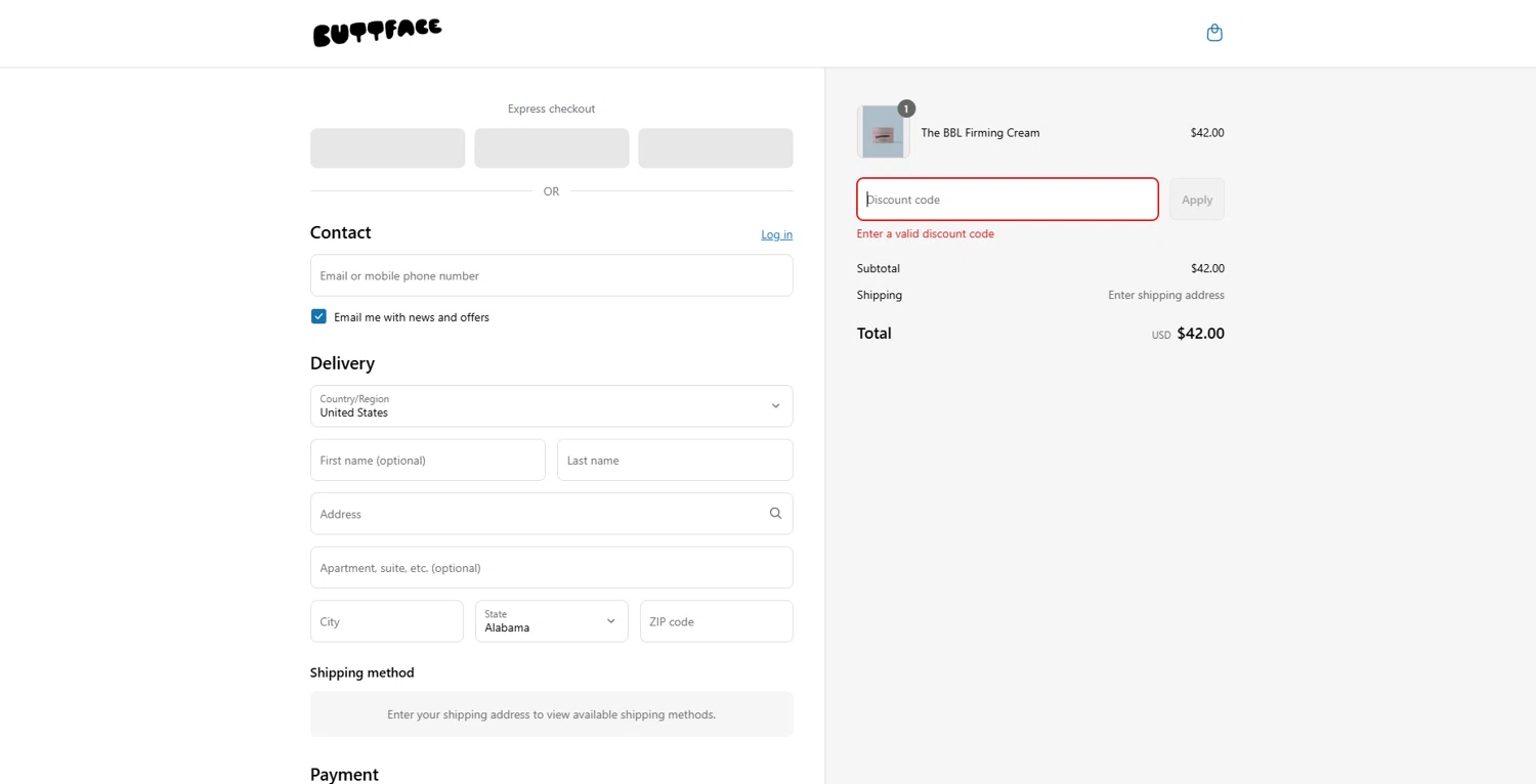 Buttface Skincare promo code screenshot showing code LOOSE applied at Buttface Skincare checkout page. Uploaded by SimplyCodes community member WonderGuardian4443 on May 11, 2025