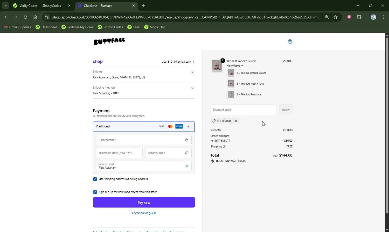 Buttface Skincare promo code screenshot showing code BETTERBUTT applied at Buttface Skincare checkout page. Uploaded by SimplyCodes community member LHaunter2 on Nov 6, 2025