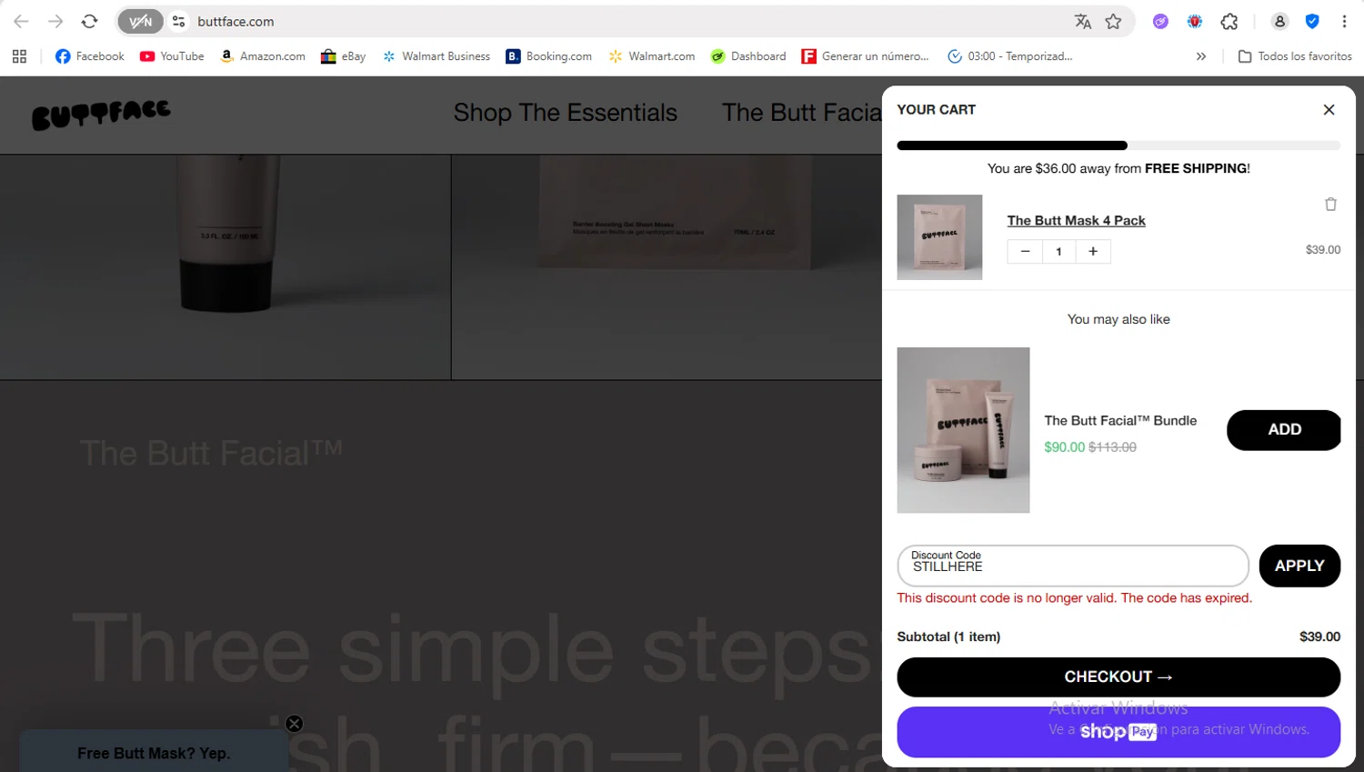 Buttface Skincare promo code screenshot showing code STILLHERE applied at Buttface Skincare checkout page. Uploaded by SimplyCodes community member FrancyB on Nov 6, 2025