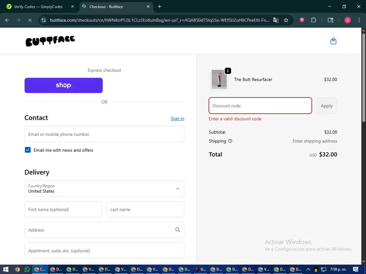 Buttface Skincare promo code screenshot showing code STILLHERE applied at Buttface Skincare checkout page. Uploaded by SimplyCodes community member MoneySeeker7165 on Nov 7, 2025