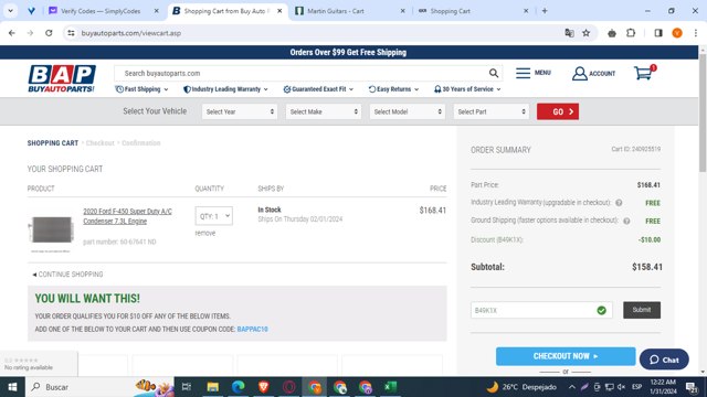 Buy Auto Parts checkout page showing Buy Auto Parts promo code box | Screenshot taken by SimplyCodes community member on Jan 31, 2024