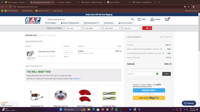 Buy Auto Parts checkout page showing Buy Auto Parts promo code box | Screenshot taken by SimplyCodes community member on Jun 21, 2024