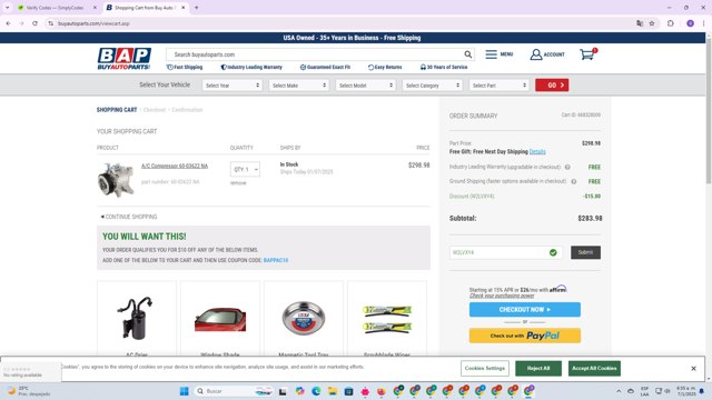 Buy Auto Parts checkout page showing Buy Auto Parts promo code box | Screenshot taken by SimplyCodes community member on Jan 7, 2025