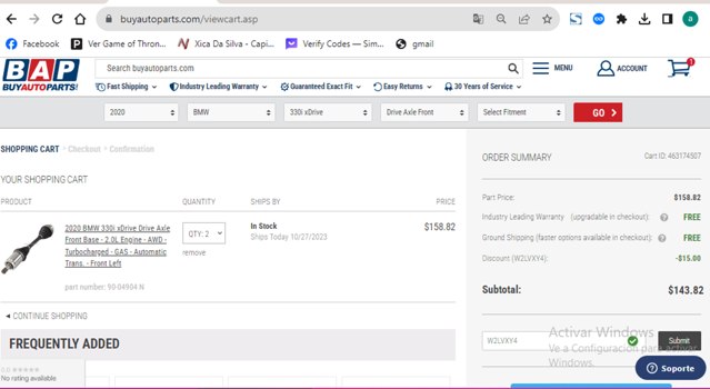 Buy Auto Parts checkout page showing Buy Auto Parts promo code box | Screenshot taken by SimplyCodes community member on Oct 27, 2023