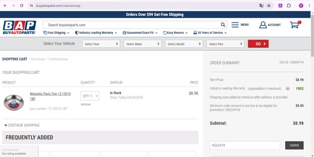 Buy Auto Parts checkout page showing Buy Auto Parts promo code box | Screenshot taken by SimplyCodes community member on Apr 24, 2024