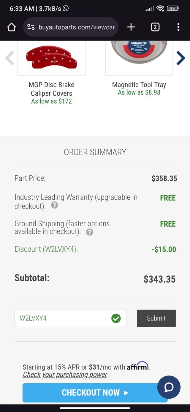Buy Auto Parts checkout page showing Buy Auto Parts promo code box | Screenshot taken by SimplyCodes community member on Feb 29, 2024