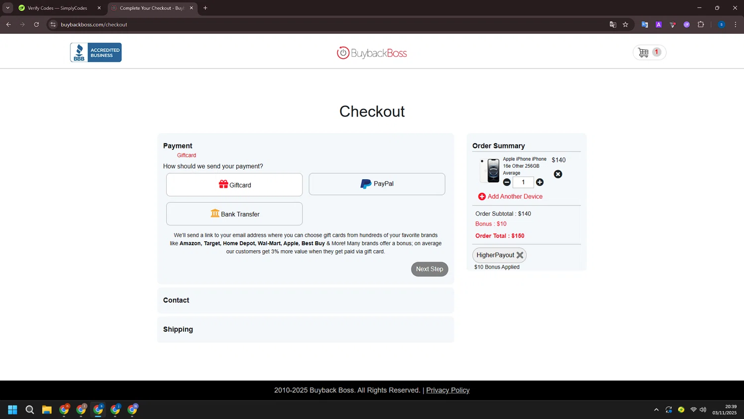 Buyback Boss promo code screenshot showing code HigherPayout applied at Buyback Boss checkout page. Uploaded by SimplyCodes community member ExtraordinarySleuth4345 on Nov 4, 2025