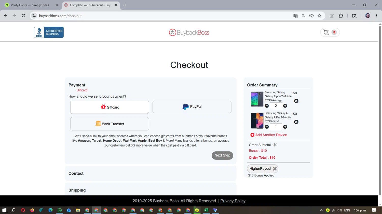 Buyback Boss promo code screenshot showing code HigherPayout applied at Buyback Boss checkout page. Uploaded by SimplyCodes community member MarielisPb on Dec 29, 2025