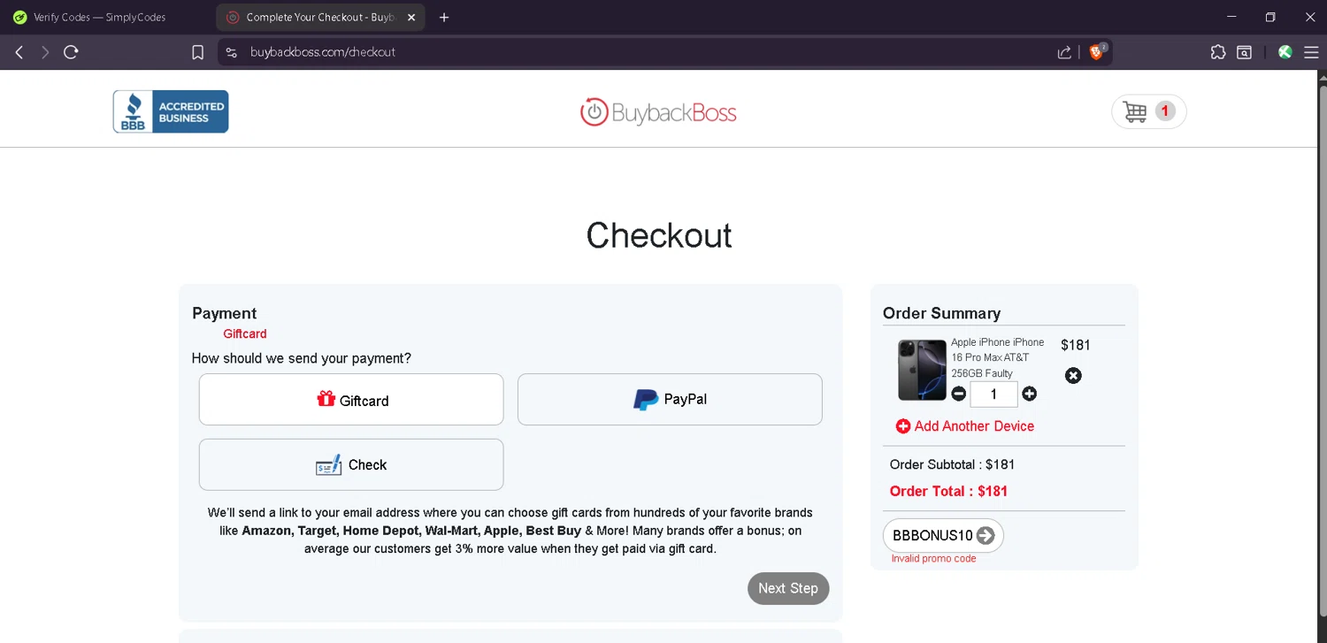 Buyback Boss promo code screenshot showing code BBBONUS10 applied at Buyback Boss checkout page. Uploaded by SimplyCodes community member Estefani4 on Jun 30, 2025
