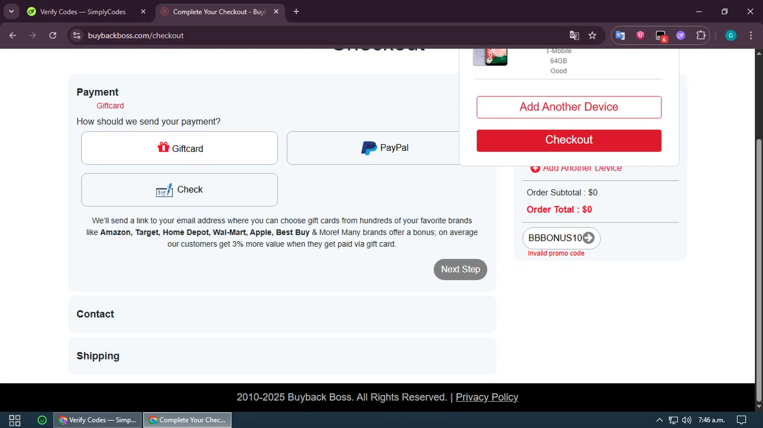 Buyback Boss promo code screenshot showing code BBBONUS10 applied at Buyback Boss checkout page. Uploaded by SimplyCodes community member PromoMonarch5278 on Jun 30, 2025