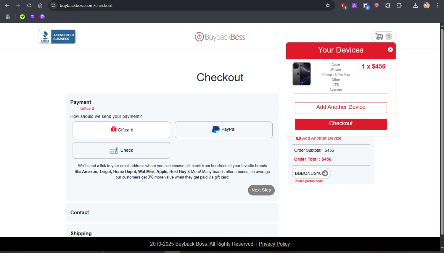 Buyback Boss promo code screenshot showing code BBBONUS10 applied at Buyback Boss checkout page. Uploaded by SimplyCodes community member ROCKSORD_2 on Jun 30, 2025
