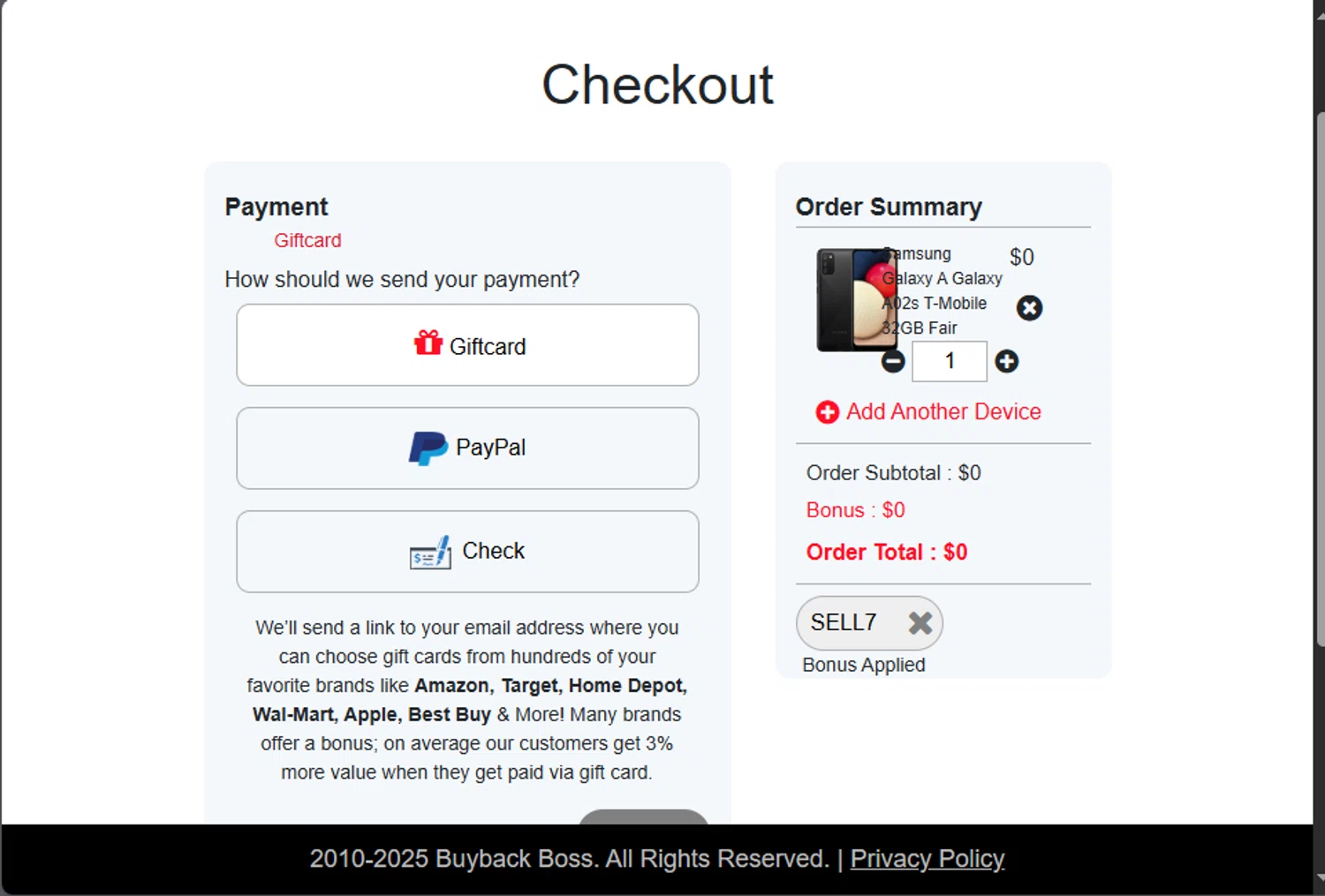 Buyback Boss promo code screenshot showing code SELL7 applied at Buyback Boss checkout page. Uploaded by SimplyCodes community member jupitera on Aug 31, 2025