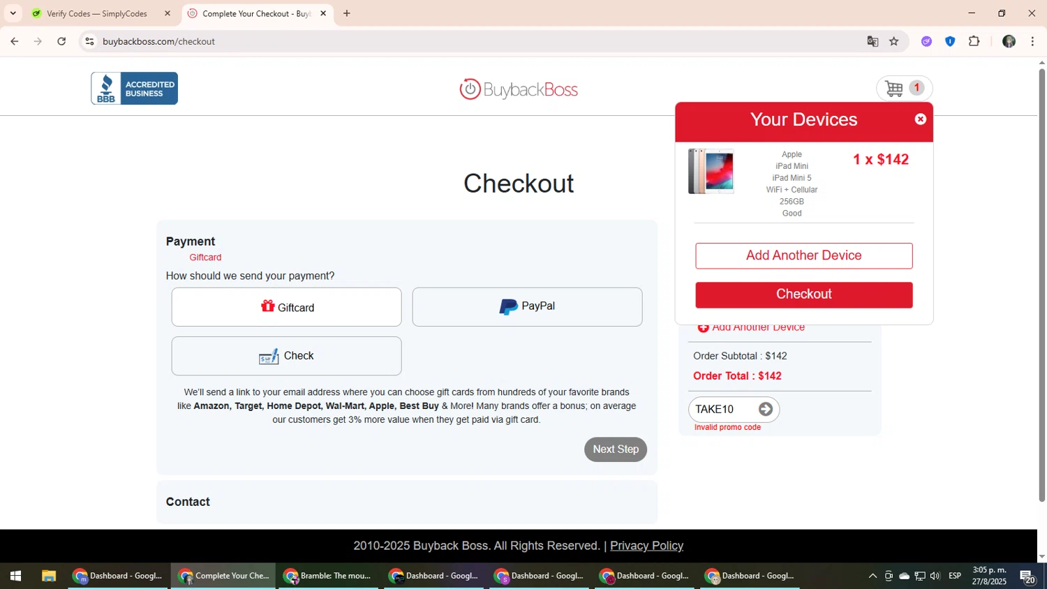 Buyback Boss promo code screenshot showing code TAKE10 applied at Buyback Boss checkout page. Uploaded by SimplyCodes community member CleverLynx6871 on Aug 27, 2025