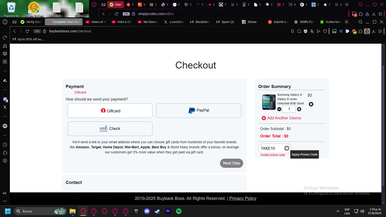 Buyback Boss promo code screenshot showing code TAKE10 applied at Buyback Boss checkout page. Uploaded by SimplyCodes community member kurcovein on Aug 27, 2025