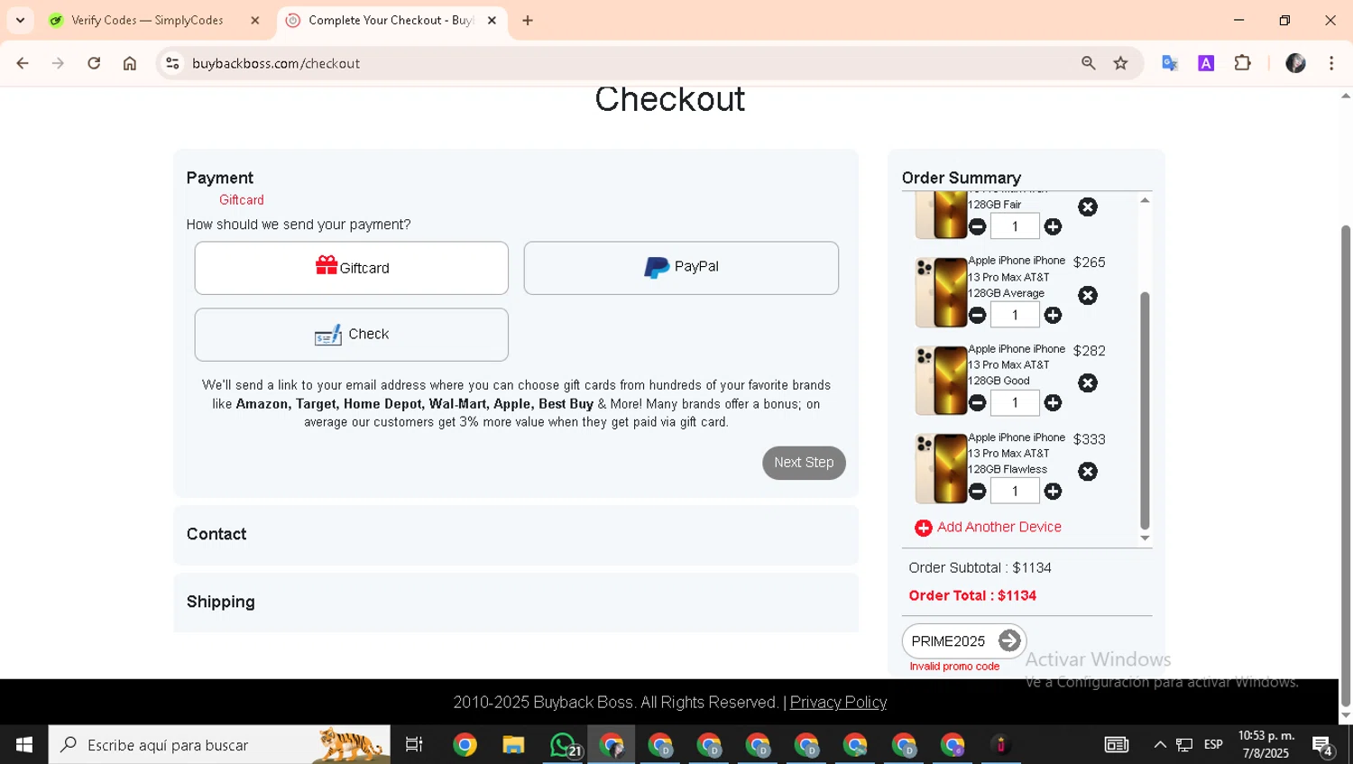 Buyback Boss promo code screenshot showing code PRIME2025 applied at Buyback Boss checkout page. Uploaded by SimplyCodes community member Ediluna22 on Aug 8, 2025