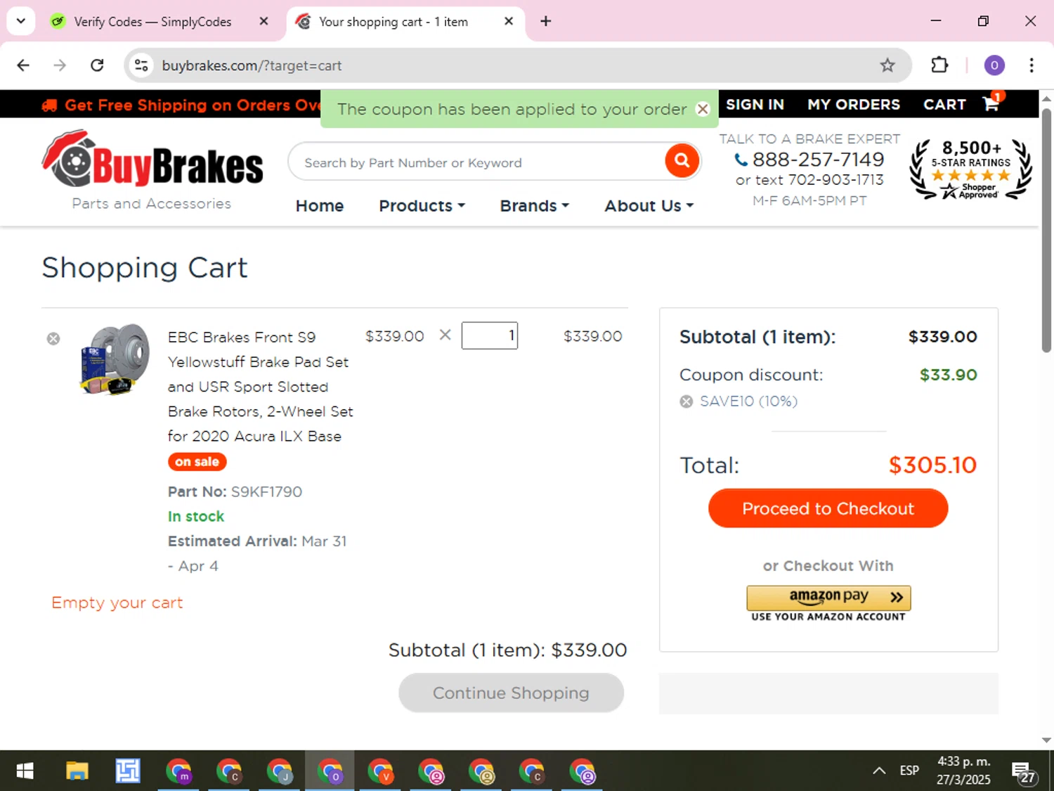 Buy Brakes coupon code screenshot showing code SAVE10 applied at Buy Brakes checkout page. Uploaded by SimplyCodes community member CleverLynx8245 on Mar 27, 2025