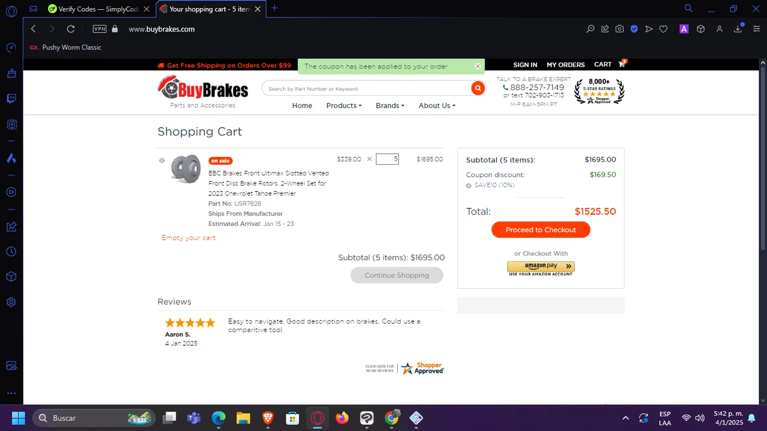 Buy Brakes coupon code screenshot showing code SAVE10 applied at Buy Brakes checkout page. Uploaded by SimplyCodes community member SwiftPilot741 on Jan 4, 2025