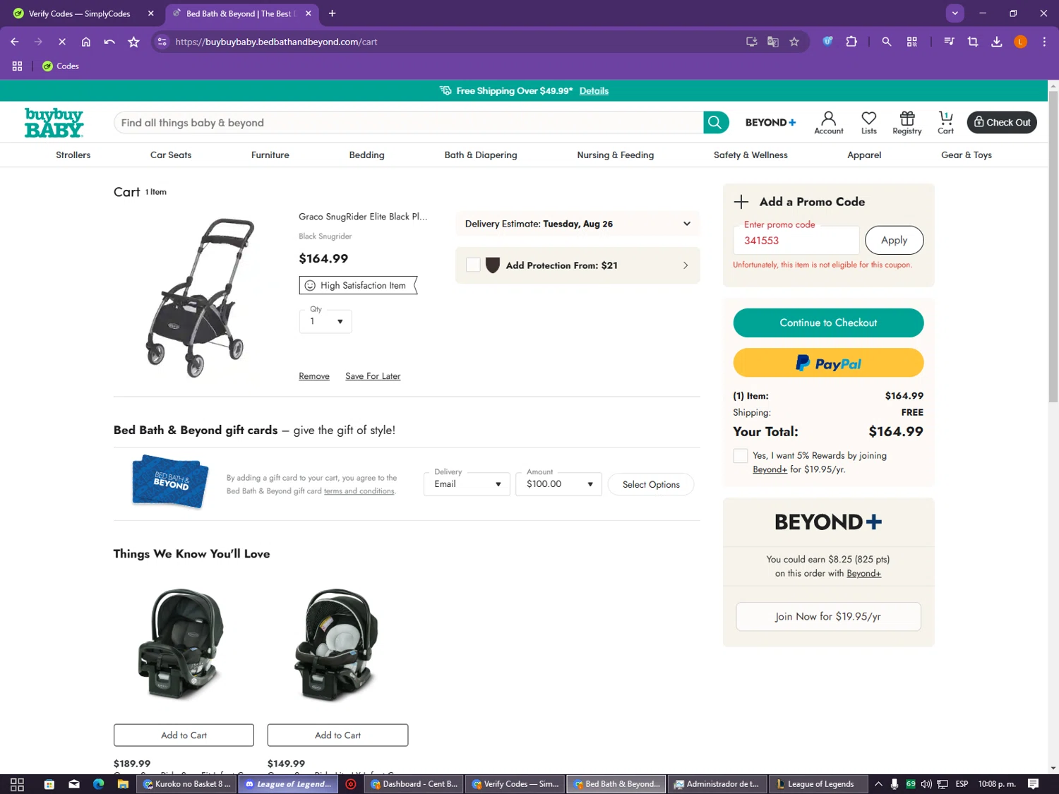 Buy Buy Baby promo code screenshot showing code 341553 applied at Buy Buy Baby checkout page. Uploaded by SimplyCodes community member CleverCollector2986 on Aug 17, 2025