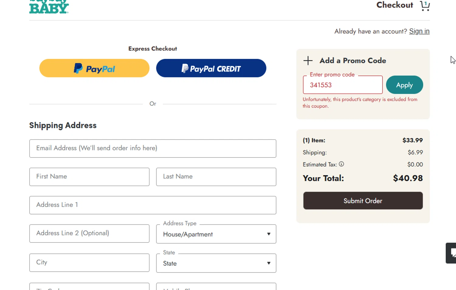 Buy Buy Baby promo code screenshot showing code 341553 applied at Buy Buy Baby checkout page. Uploaded by SimplyCodes community member ligthYA on Aug 17, 2025