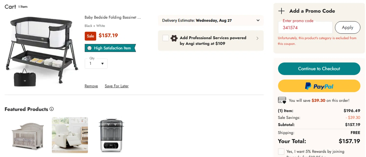 Buy Buy Baby promo code screenshot showing code 341574 applied at Buy Buy Baby checkout page. Uploaded by SimplyCodes community member SEMECOMARIO on Aug 22, 2025