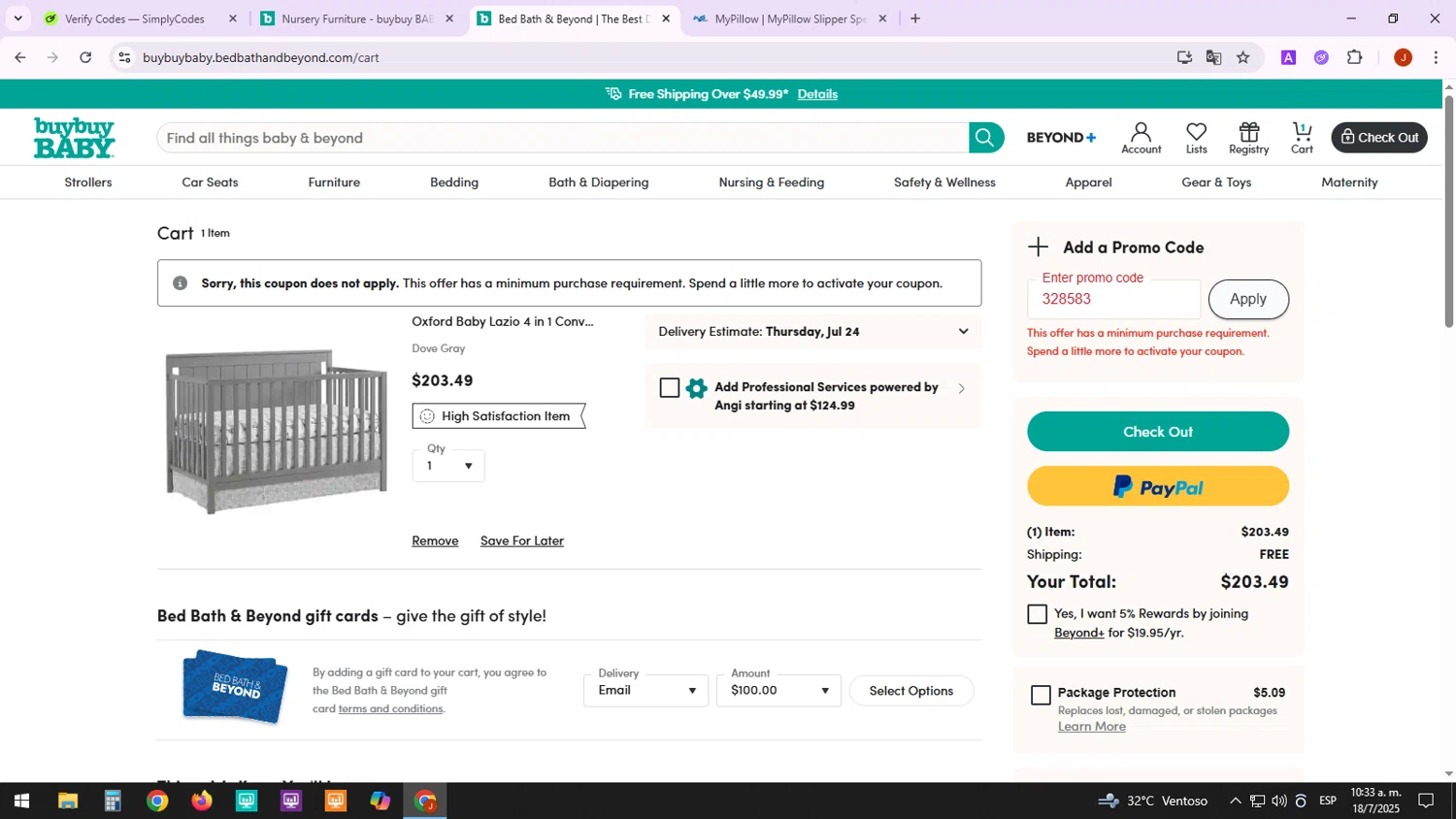 Buy Buy Baby promo code screenshot showing code 328583 applied at Buy Buy Baby checkout page. Uploaded by SimplyCodes community member MarkZuckerberg on Jul 18, 2025