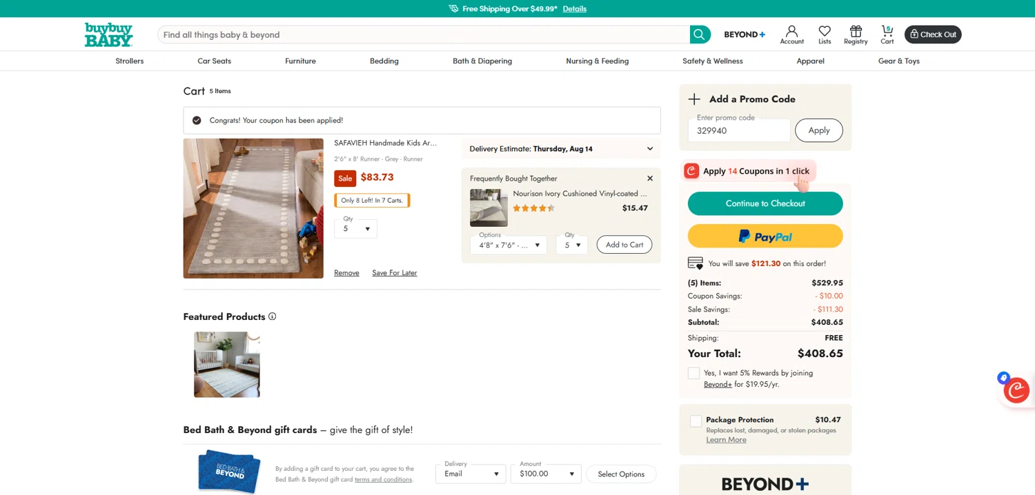 Buy Buy Baby promo code screenshot showing code 329940 applied at Buy Buy Baby checkout page. Uploaded by SimplyCodes community member Dorothy on Aug 11, 2025