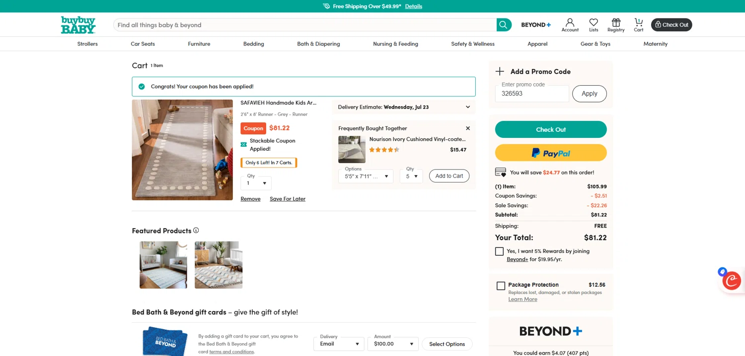 Buy Buy Baby promo code screenshot showing code 328583 applied at Buy Buy Baby checkout page. Uploaded by SimplyCodes community member Dorothy on Jul 18, 2025
