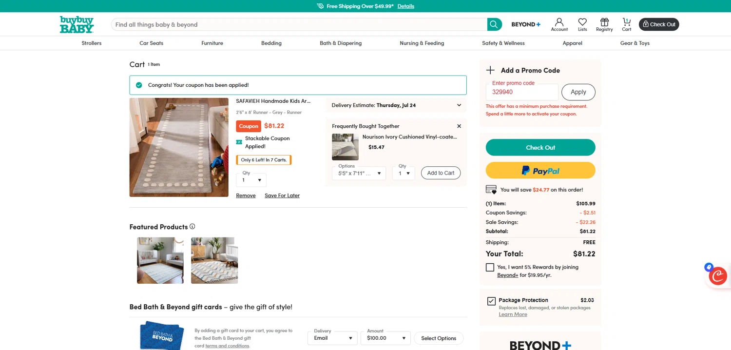 Buy Buy Baby promo code screenshot showing code 329940 applied at Buy Buy Baby checkout page. Uploaded by SimplyCodes community member Dorothy on Jul 21, 2025