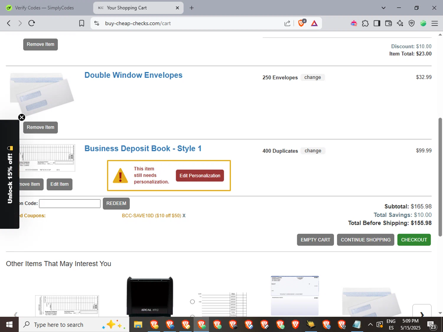 Buy Cheap Checks promo code screenshot showing code BCC-SAVE10D applied at Buy Cheap Checks checkout page. Uploaded by SimplyCodes community member LuckyFinder3550 on May 15, 2025