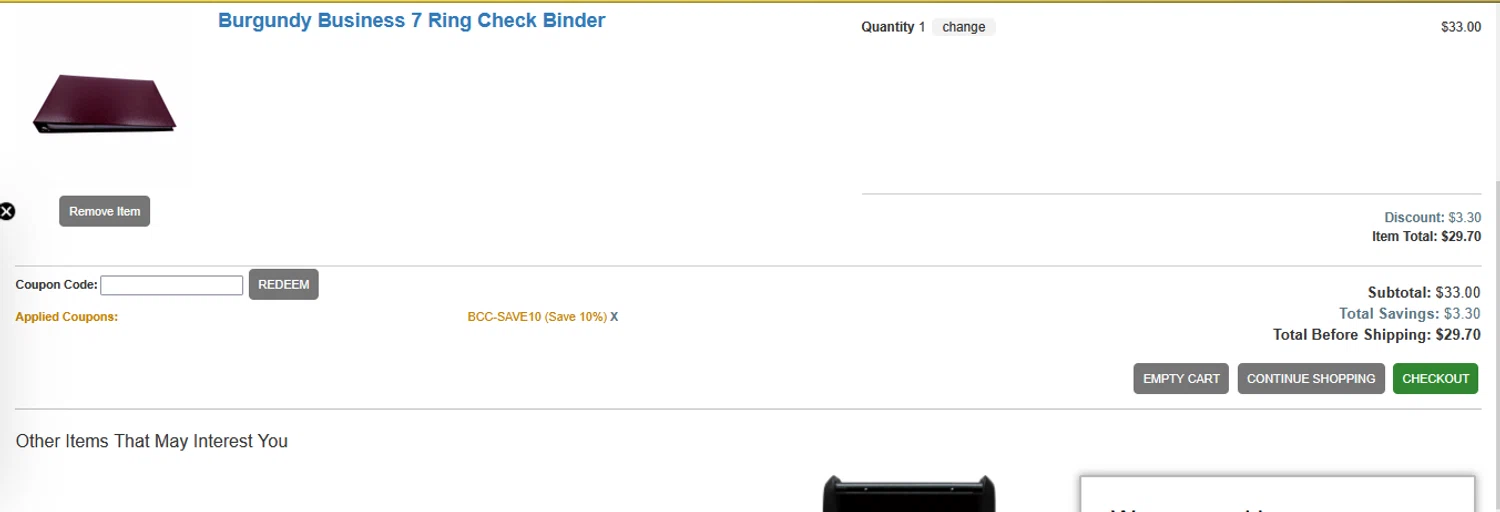 Buy Cheap Checks promo code screenshot showing code BCC-SAVE10 applied at Buy Cheap Checks checkout page. Uploaded by SimplyCodes community member pkwhite on Jun 5, 2025