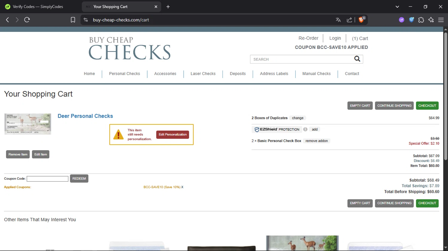 Buy Cheap Checks promo code screenshot showing code BCC-SAVE10 applied at Buy Cheap Checks checkout page. Uploaded by SimplyCodes community member SmartScholar9589 on Jun 20, 2025