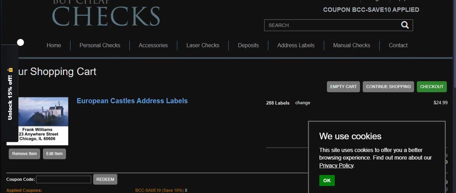 Buy Cheap Checks promo code screenshot showing code BCC-SAVE10 applied at Buy Cheap Checks checkout page. Uploaded by SimplyCodes community member chepipi on Jun 13, 2025