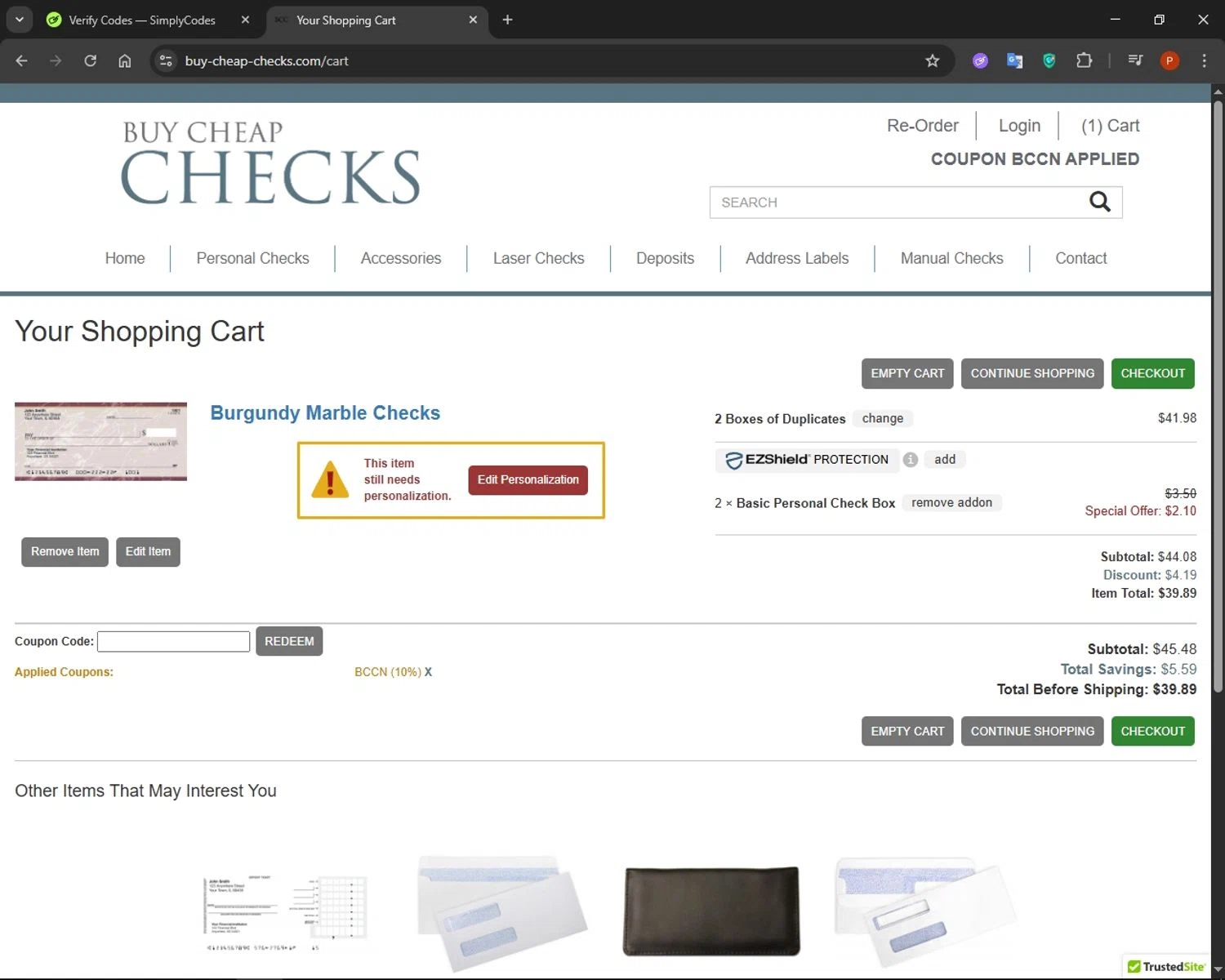 Buy Cheap Checks promo code screenshot showing code BCCN applied at Buy Cheap Checks checkout page. Uploaded by SimplyCodes community member AuronPlay on Jun 13, 2025