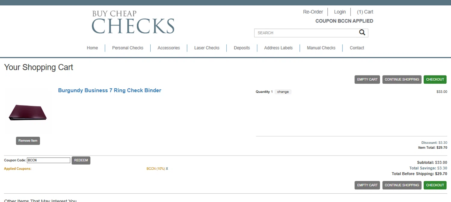 Buy Cheap Checks promo code screenshot showing code BCCN applied at Buy Cheap Checks checkout page. Uploaded by SimplyCodes community member CarmenAyuth on Jun 5, 2025