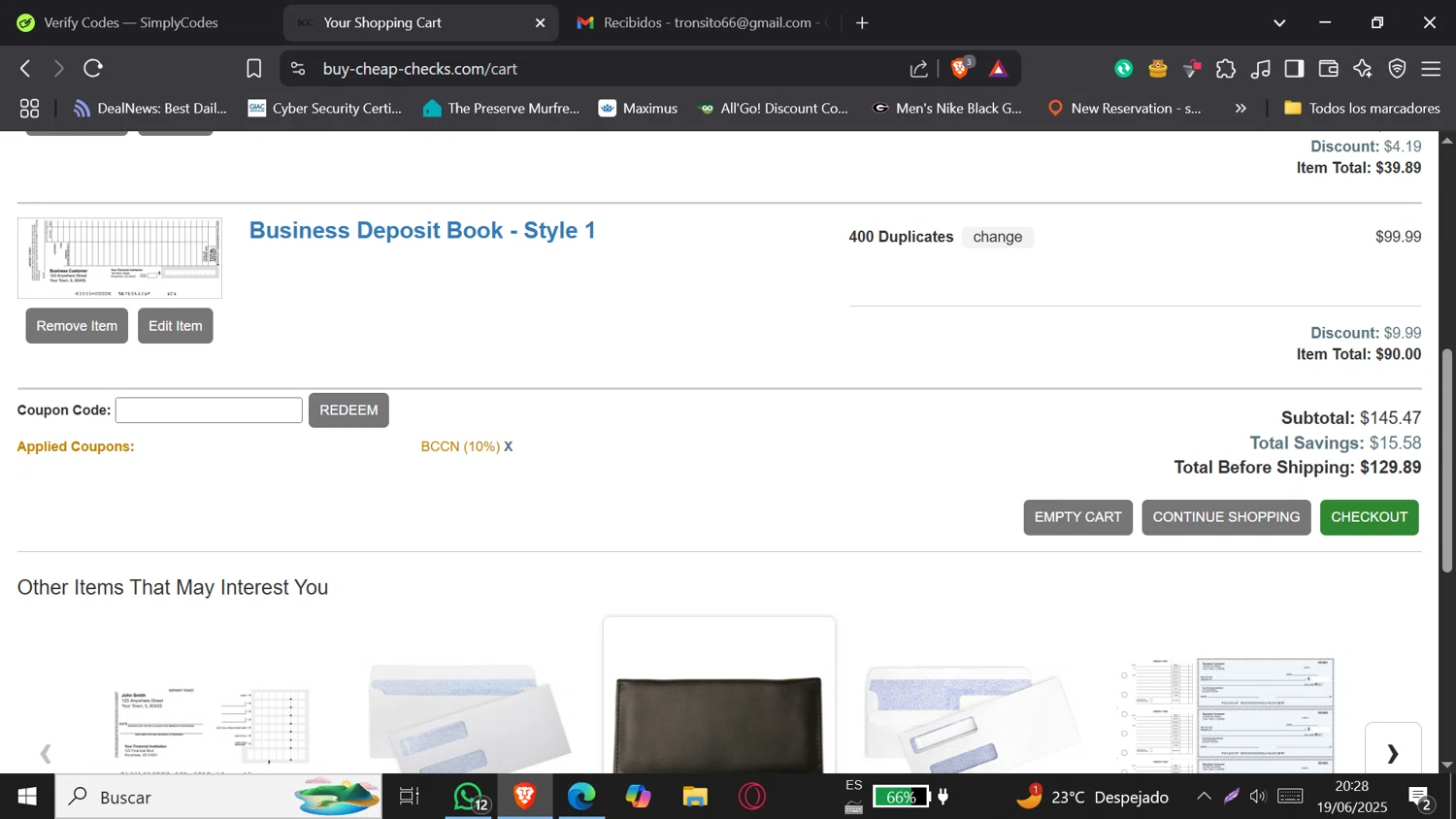 Buy Cheap Checks promo code screenshot showing code BCCN applied at Buy Cheap Checks checkout page. Uploaded by SimplyCodes community member DORIANGEL on Jun 20, 2025