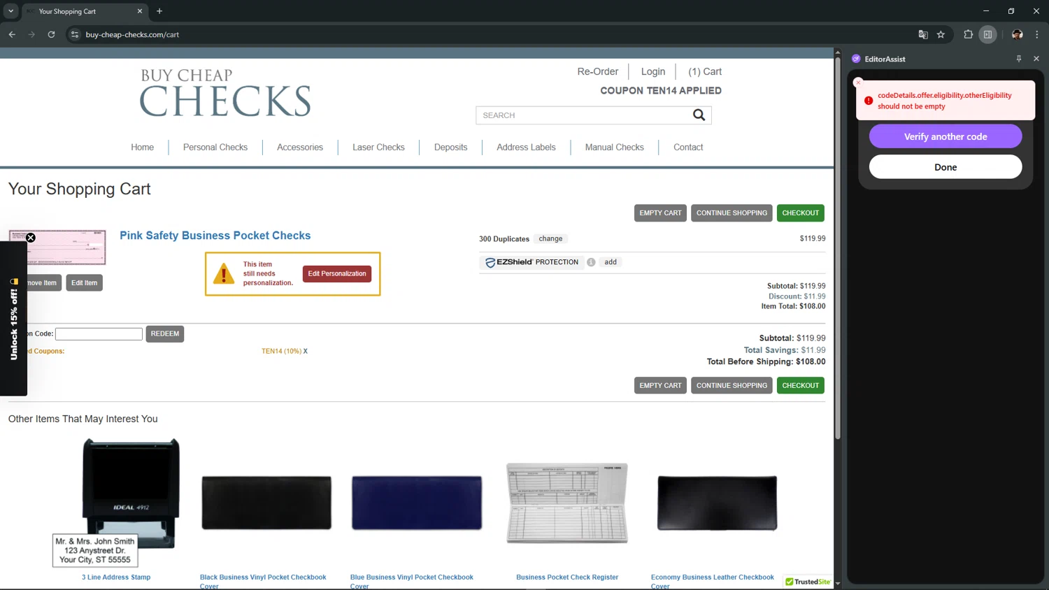 Buy Cheap Checks promo code screenshot showing code TEN14 applied at Buy Cheap Checks checkout page. Uploaded by SimplyCodes community member CleverSage7079 on Dec 2, 2025