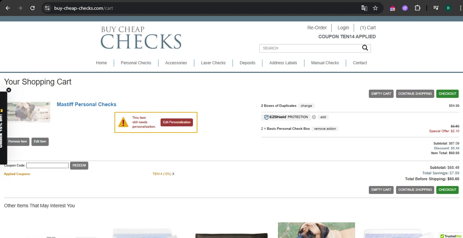 Buy Cheap Checks promo code screenshot showing code TEN14 applied at Buy Cheap Checks checkout page. Uploaded by SimplyCodes community member SavvyHawk5598 on May 8, 2025