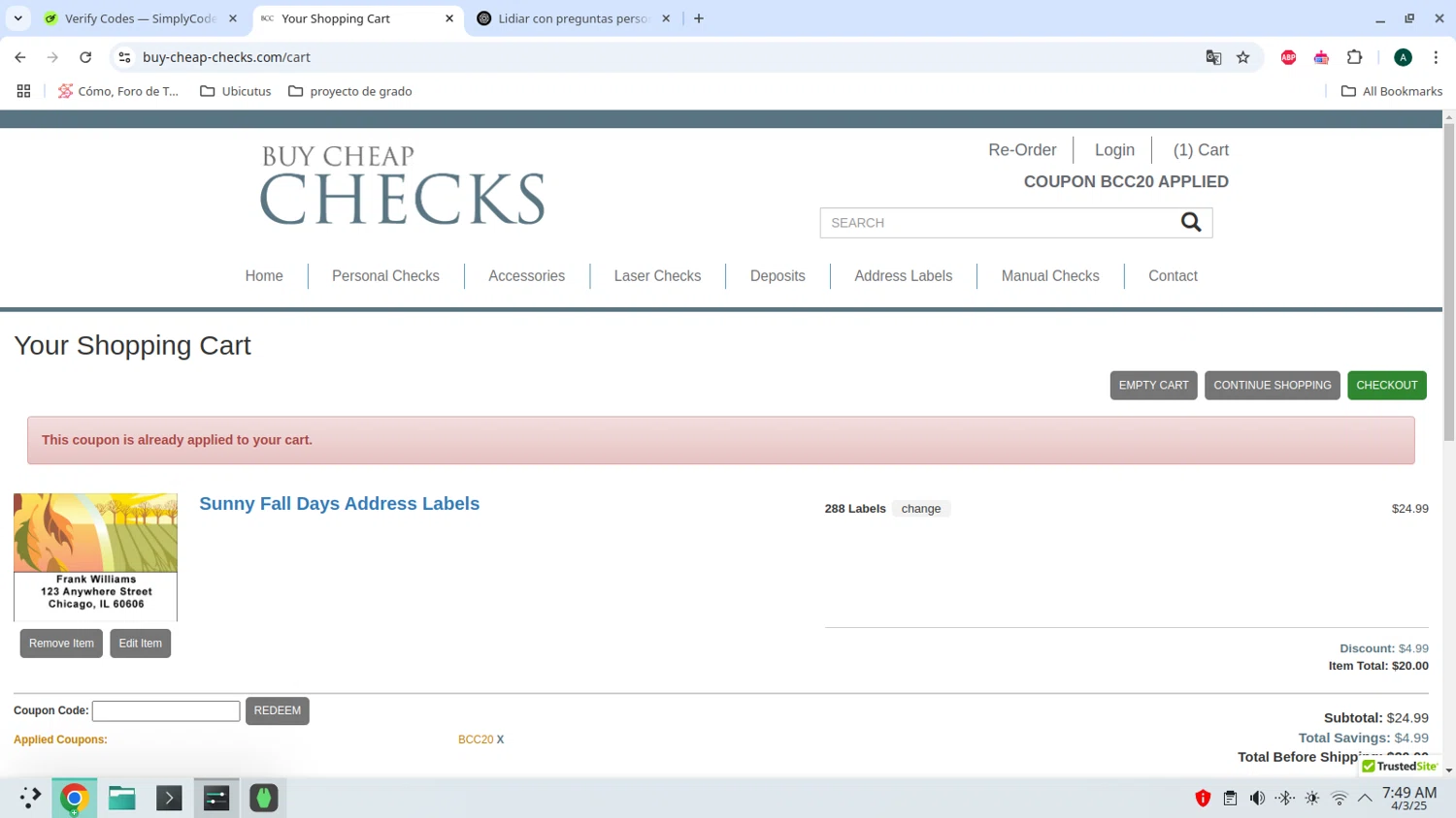 Buy Cheap Checks promo code screenshot showing code BCC20 applied at Buy Cheap Checks checkout page. Uploaded by SimplyCodes community member admeneses on Mar 4, 2025