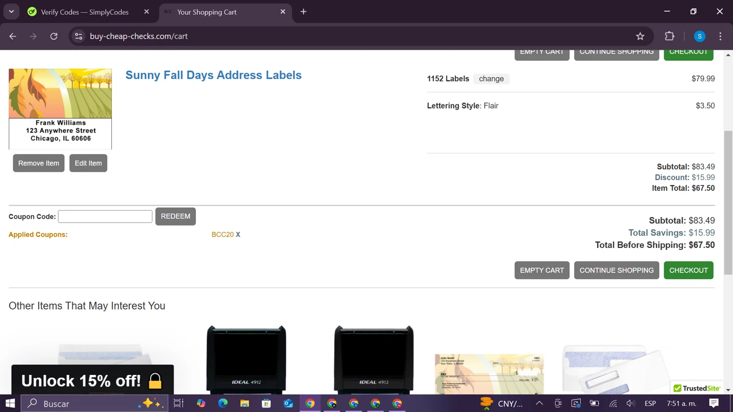 Buy Cheap Checks promo code screenshot showing code BCC20 applied at Buy Cheap Checks checkout page. Uploaded by SimplyCodes community member CodeExpert981 on Mar 4, 2025