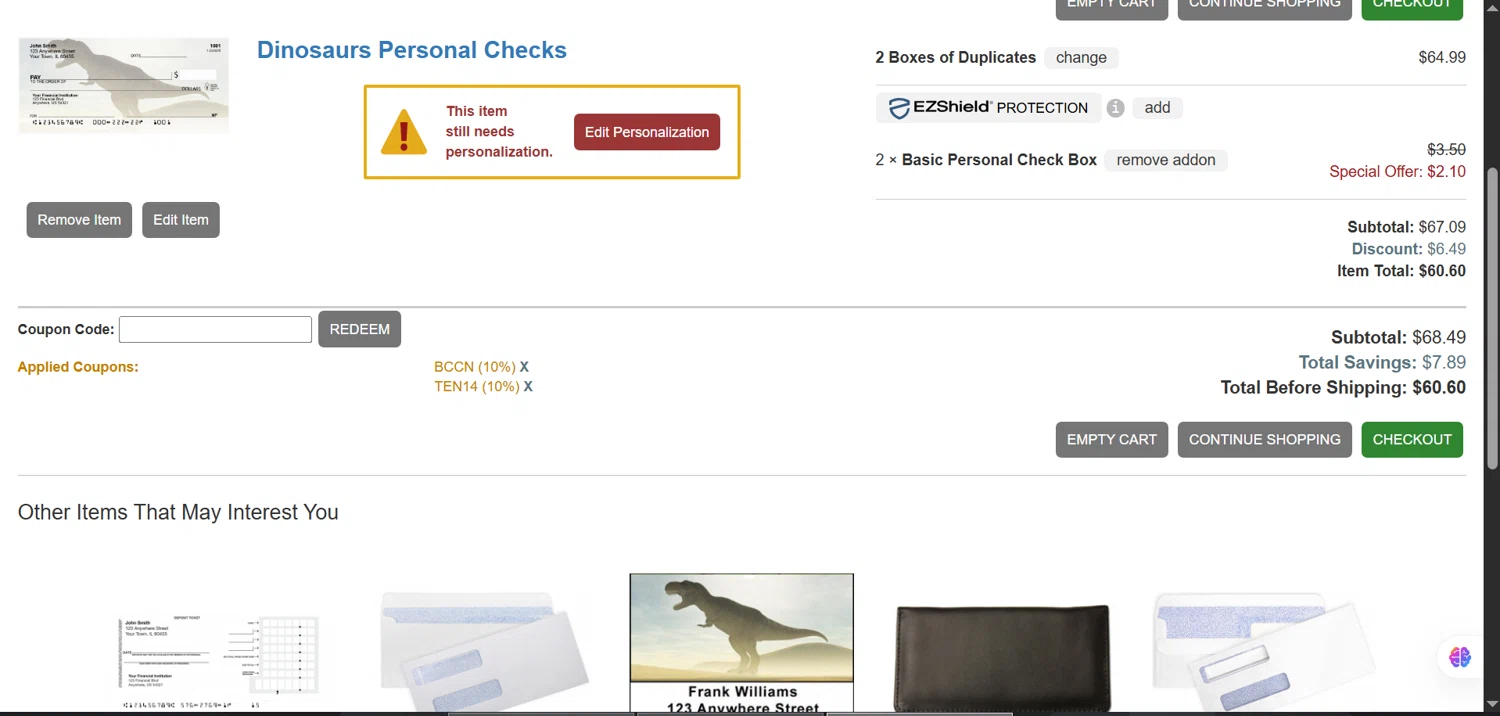 Buy Cheap Checks promo code screenshot showing code TEN14 applied at Buy Cheap Checks checkout page. Uploaded by SimplyCodes community member TokenMonarch4470 on May 15, 2025