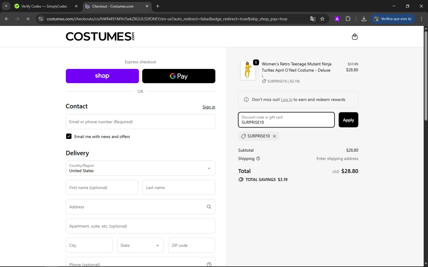 BuyCostumes promo code screenshot showing code SURPRISE10 applied at BuyCostumes checkout page. Uploaded by SimplyCodes community member ShieldAdmiral2781 on Oct 15, 2025