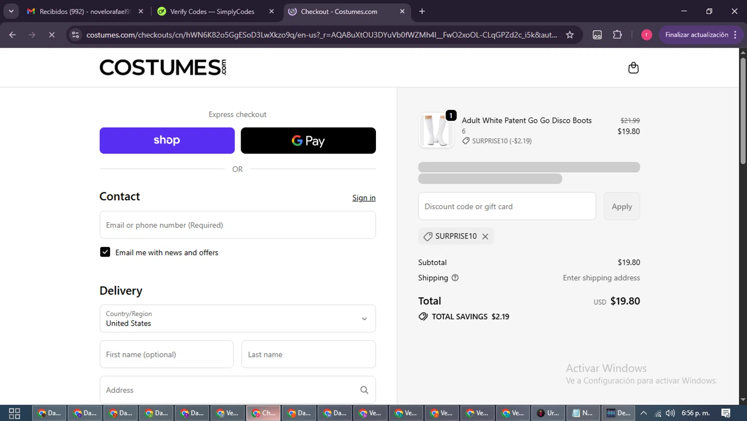 BuyCostumes promo code screenshot showing code SURPRISE10 applied at BuyCostumes checkout page. Uploaded by SimplyCodes community member WisePro3739 on Dec 11, 2025