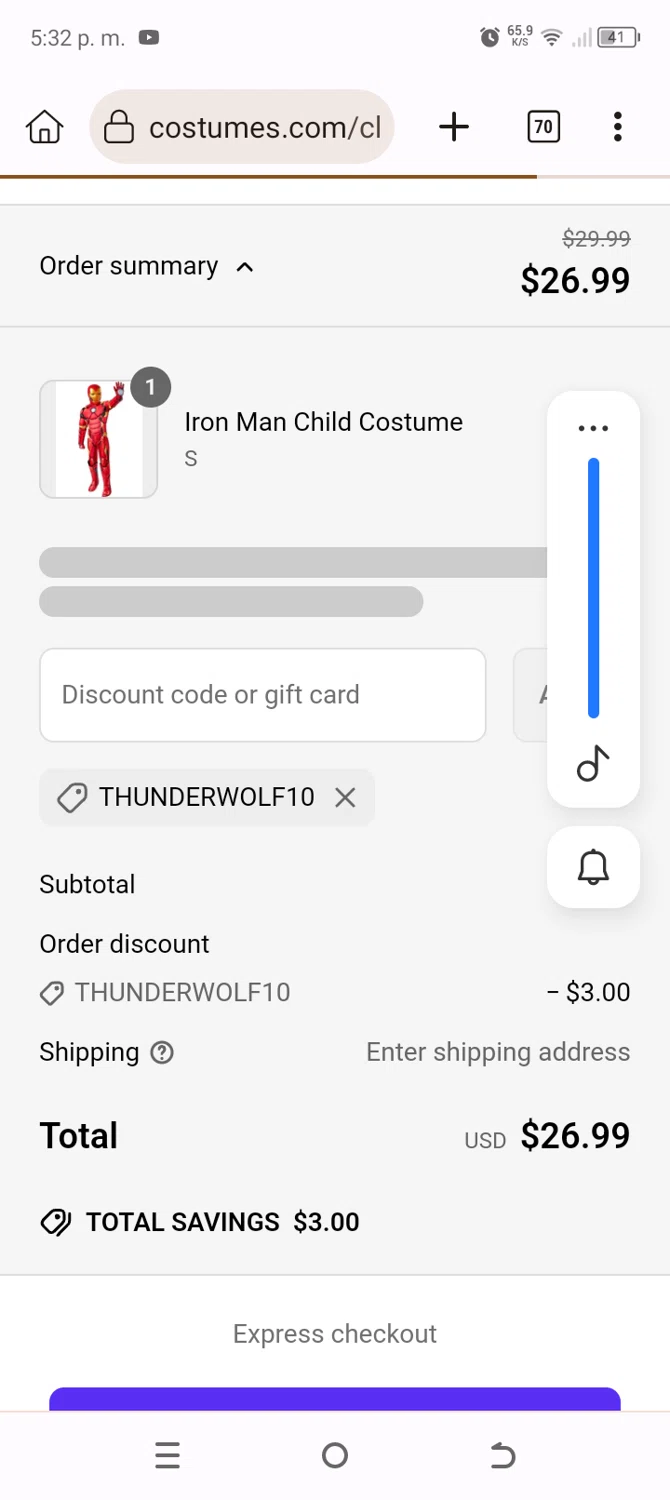 BuyCostumes promo code screenshot showing code thunderwolf10 applied at BuyCostumes checkout page. Uploaded by SimplyCodes community member BonusChaser4306 on Jun 17, 2025