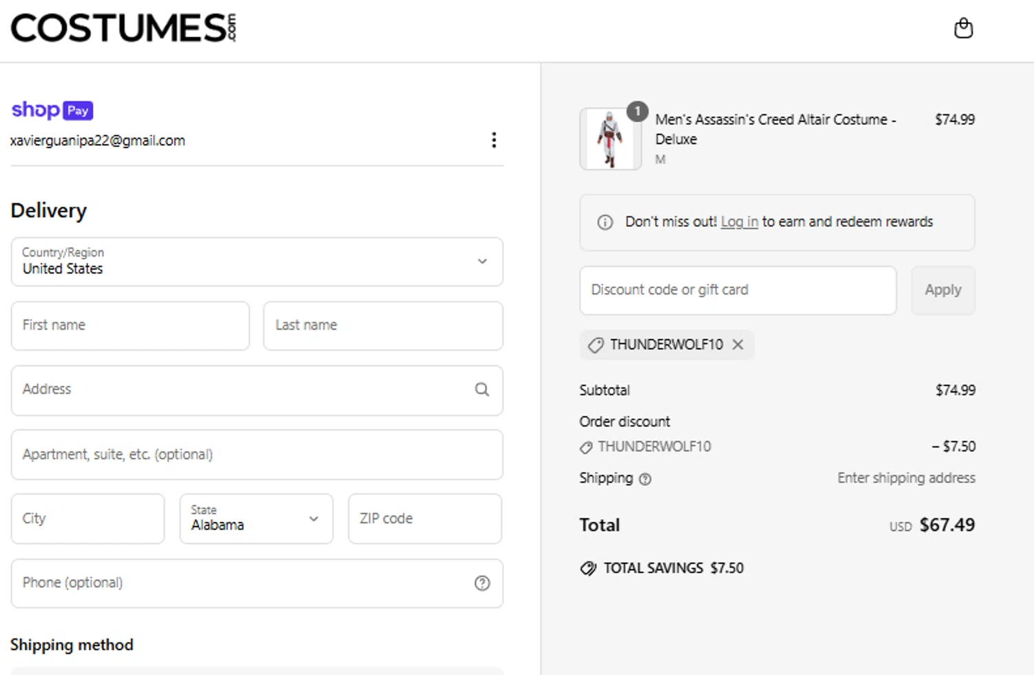 BuyCostumes promo code screenshot showing code thunderwolf10 applied at BuyCostumes checkout page. Uploaded by SimplyCodes community member alfock22 on Jun 26, 2025