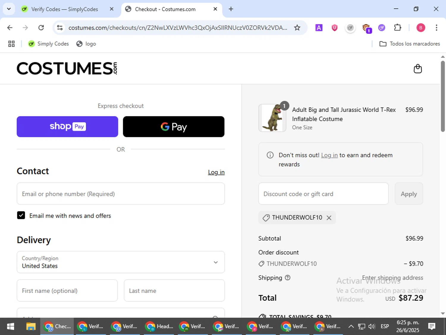 BuyCostumes promo code screenshot showing code thunderwolf10 applied at BuyCostumes checkout page. Uploaded by SimplyCodes community member bombontropical on Jun 26, 2025