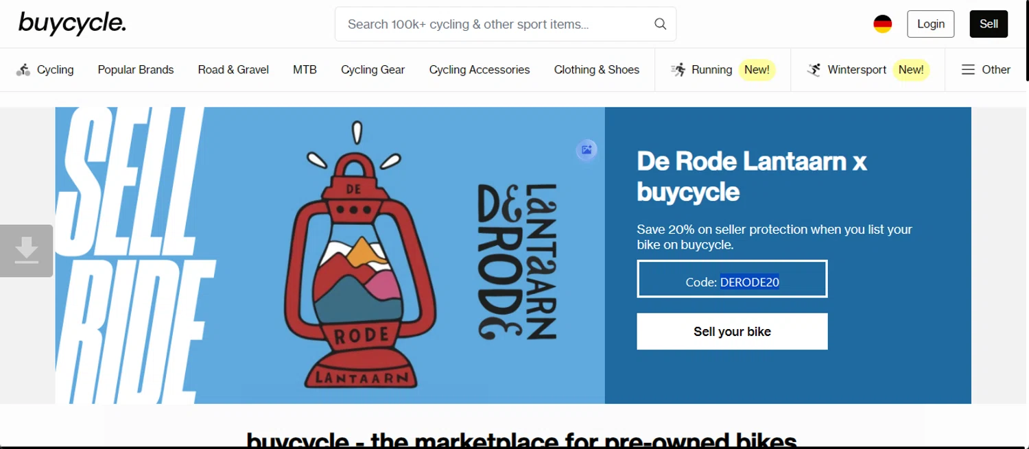 buycycle discount code screenshot showing code DERODE20 applied at buycycle checkout page. Uploaded by SimplyCodes community member 111111 on Nov 22, 2025