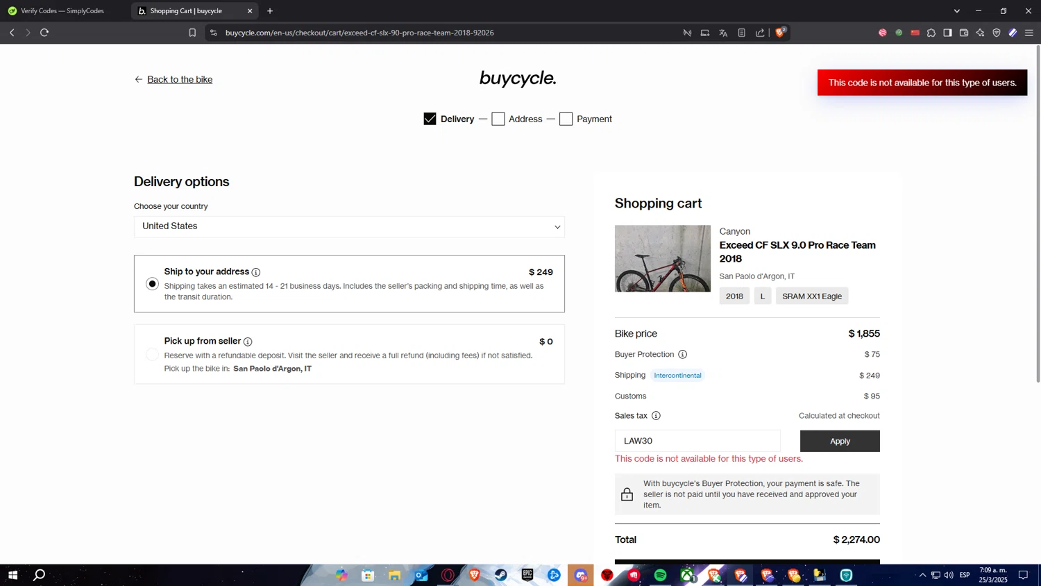 buycycle discount code screenshot showing code LAW30 applied at buycycle checkout page. Uploaded by SimplyCodes community member ElPelao on Mar 25, 2025